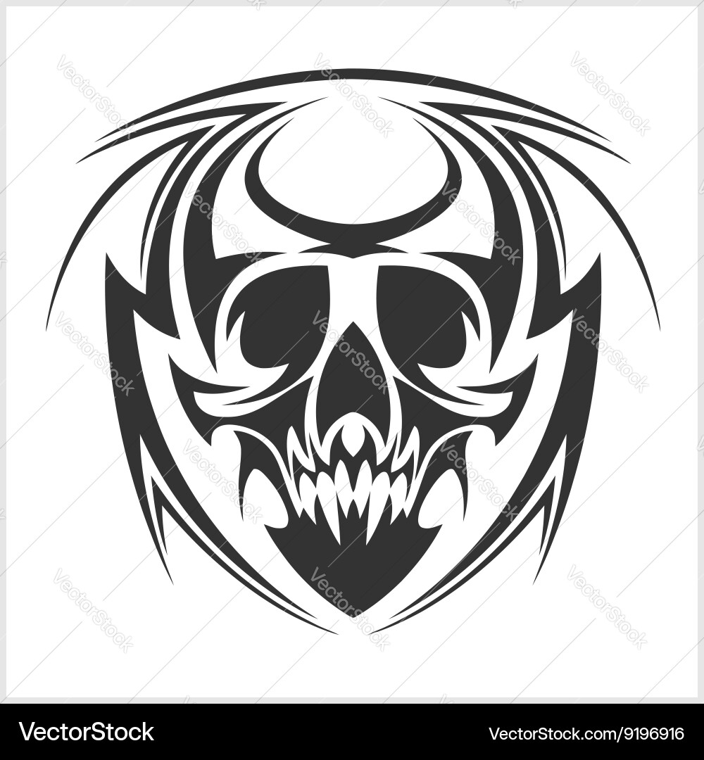 Tribal Skull Tattoo - Black and White Vector Image