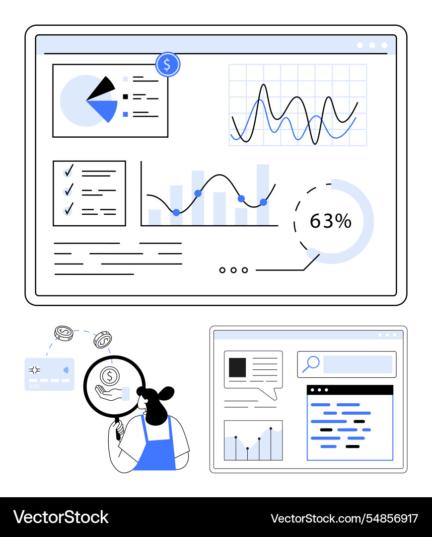 Data analysis dashboard with charts graphs Data analysis dashboard with charts graphs vector image