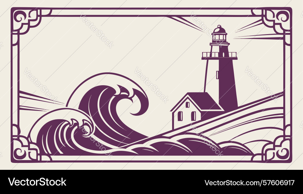 Lighthouse and waves in decorative frame design Vector Image