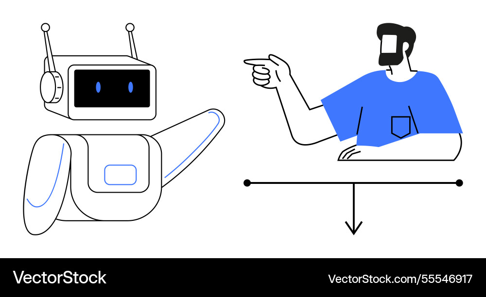 Man interacting with robot pointing finger Man interacting with robot pointing finger vector image