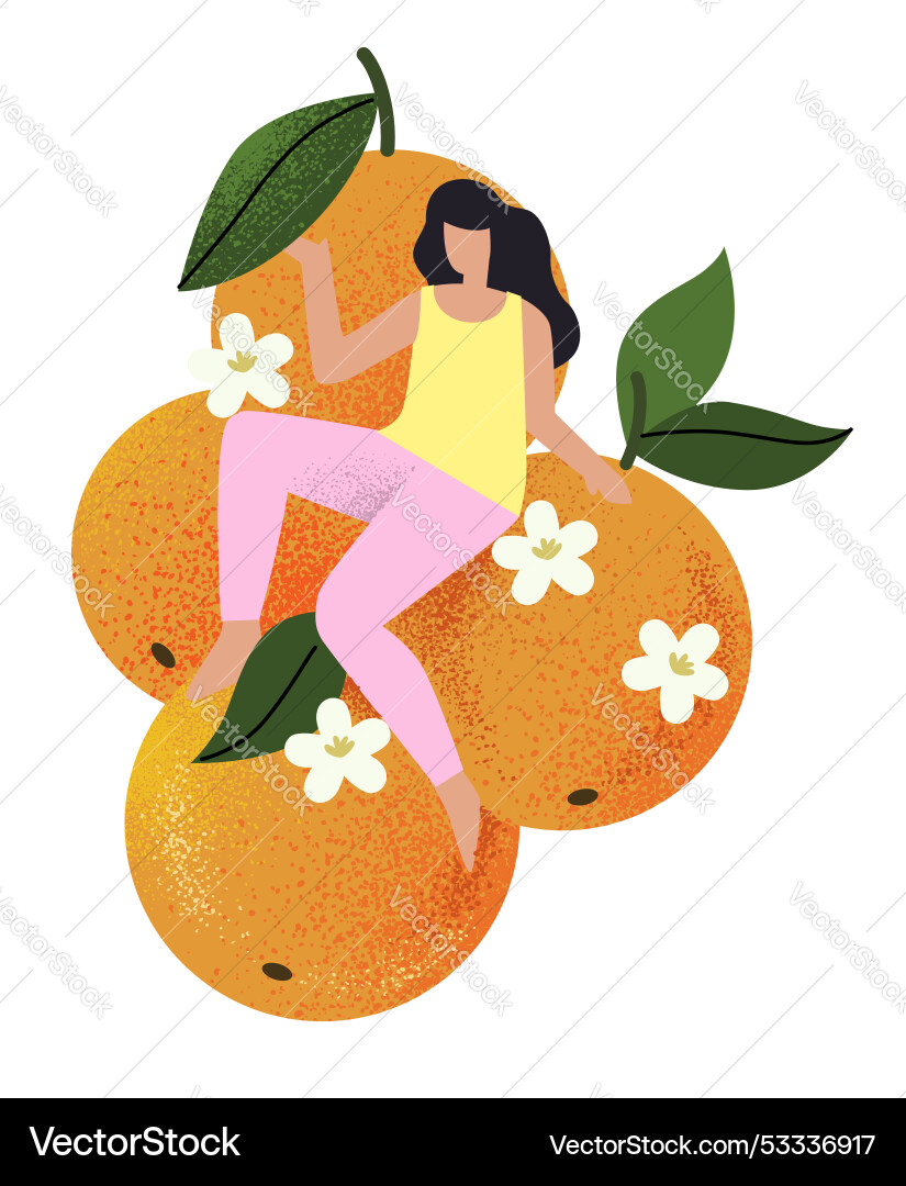Woman sits on large oranges flat style character Woman sits on large oranges flat style character vector image