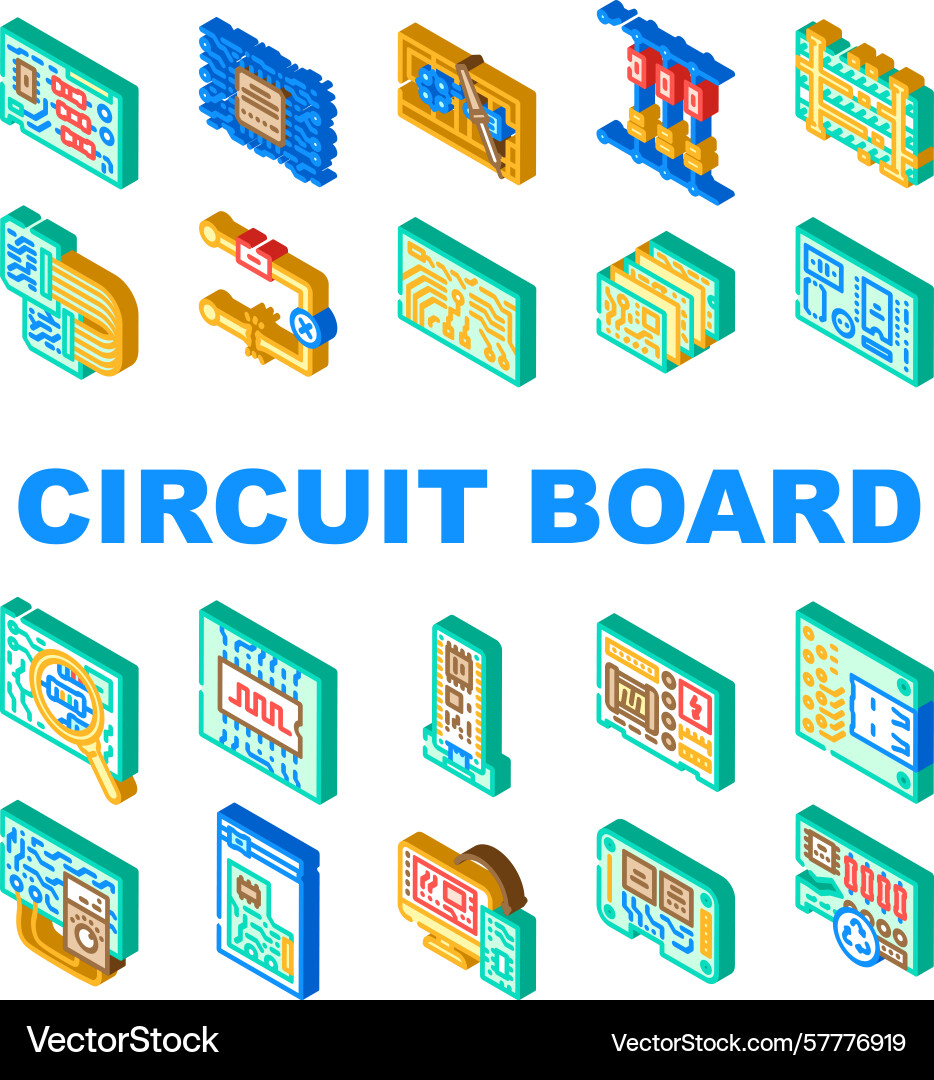 Circuit board pcb microcontroller icons set Circuit board pcb microcontroller icons set vector image