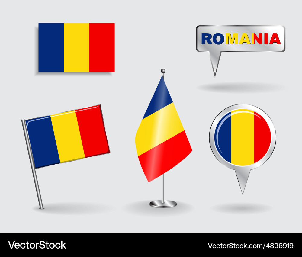 Set of romanian pin icon and map pointer flags vector image