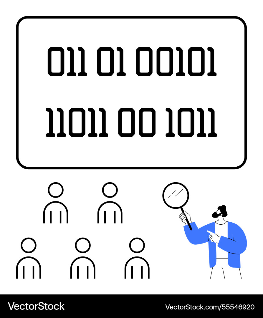 Analyzing binary code individual with magnifying Analyzing binary code individual with magnifying vector image