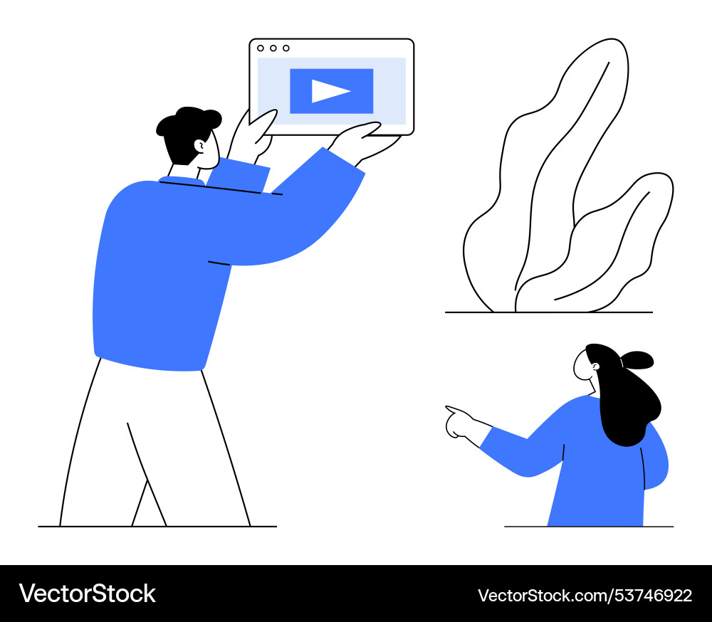 Man holding tablet with play button and woman Vector Image