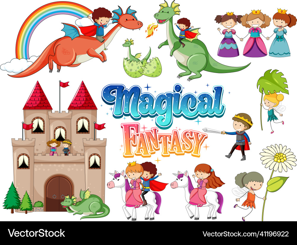 Set von Drachen und Märchenkarikaturzeichen Set von Drachen und Märchenkarikaturzeichen vektorbild