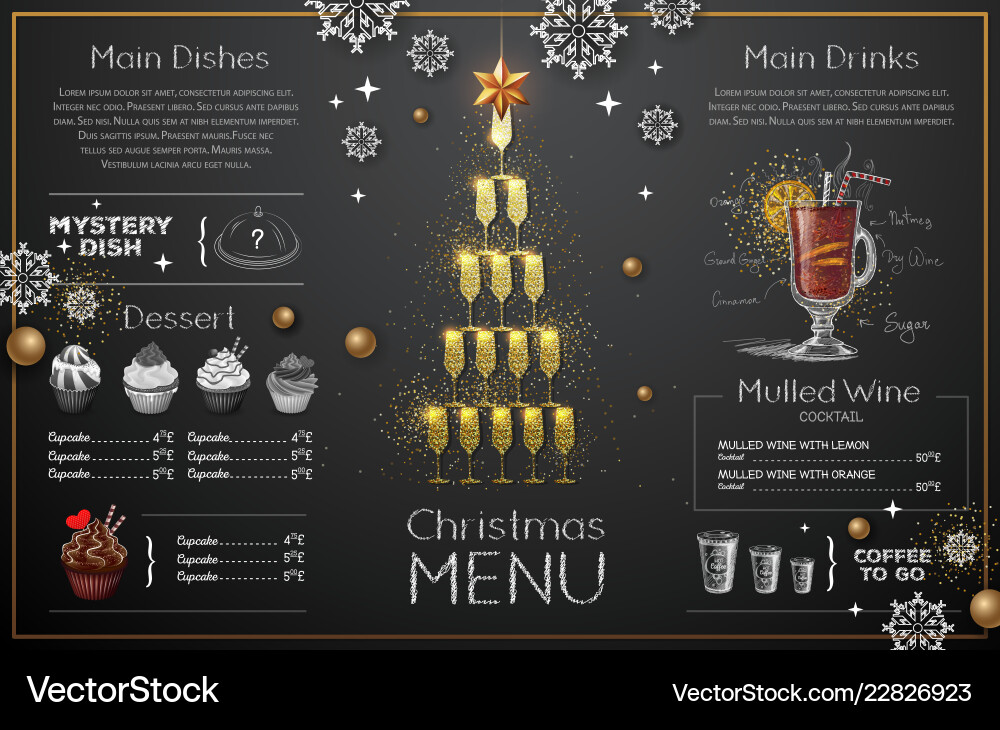 Christmas menu design with golden champagne Christmas menu design with golden champagne vector image
