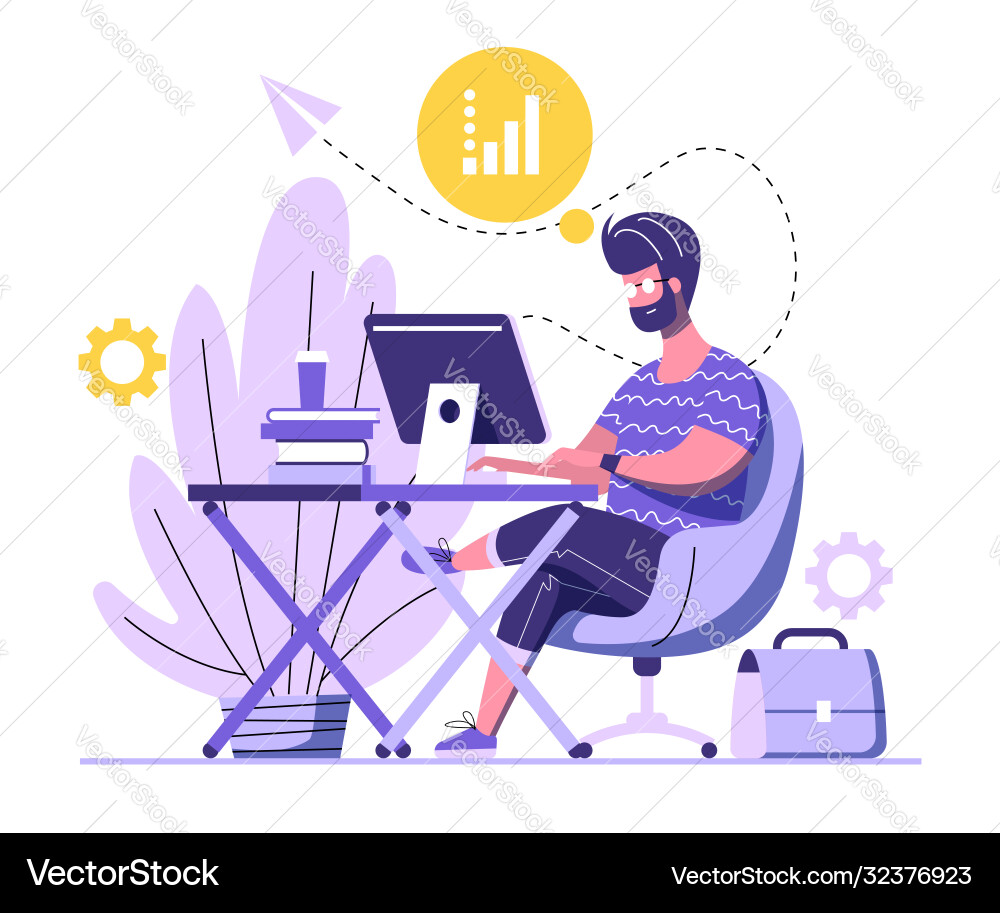 Man Working on Computer at Desk Vector Image