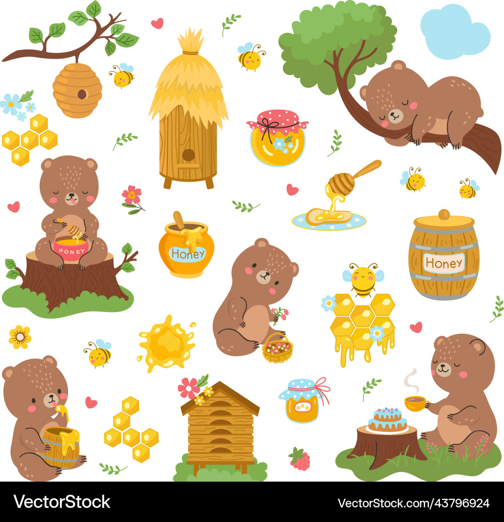Cute Bear with Honey Bees Vector Image