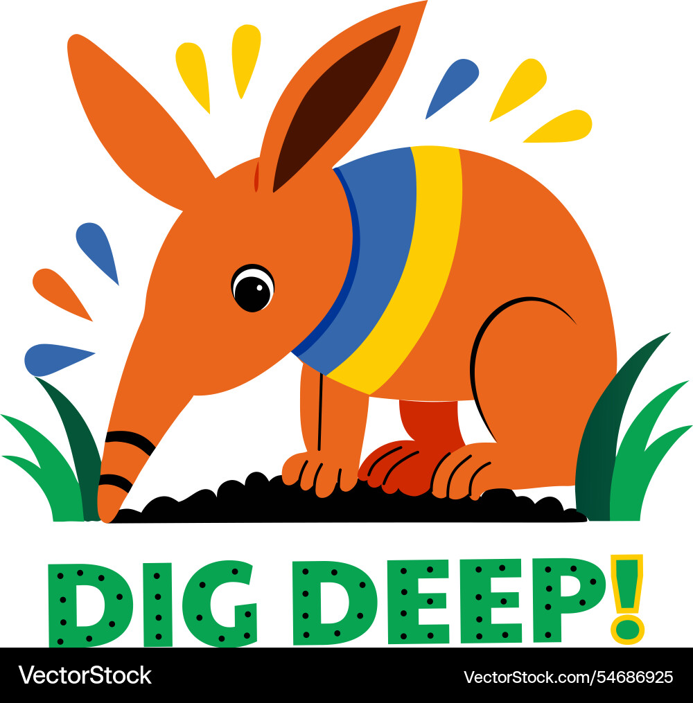 A flat sticker showing aardvark with dig deep text Vector Image
