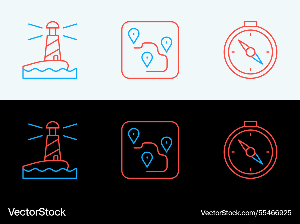 Set line compass lighthouse and route location Set line compass lighthouse and route location vector image