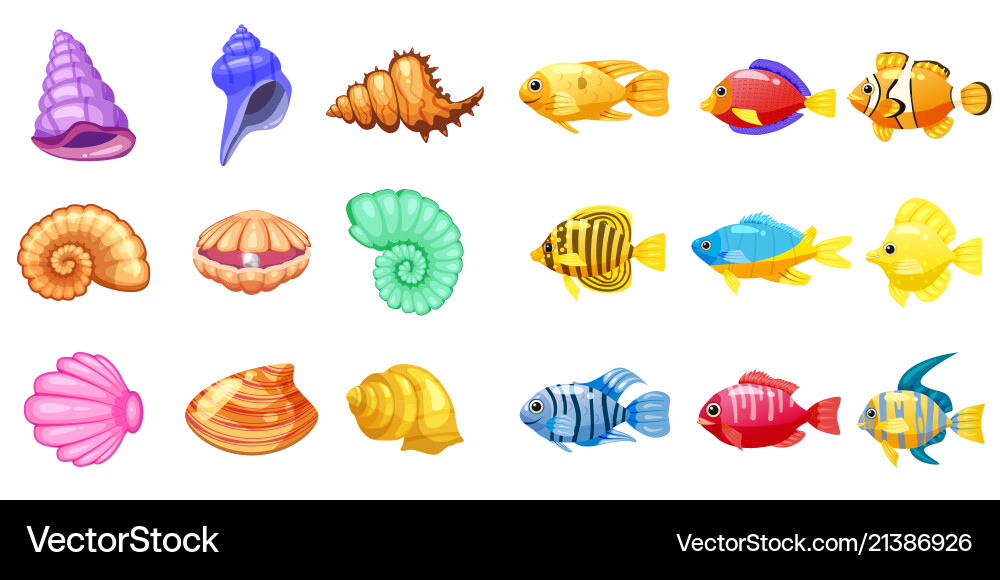 Cartoon game icons with seashell colorful Cartoon game icons with seashell colorful Vector Image