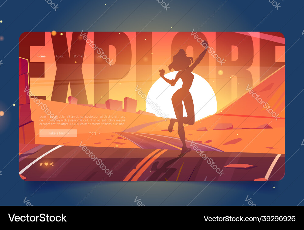 Explore cartoon landing page woman enjoy travel Explore cartoon landing page woman enjoy travel vector image