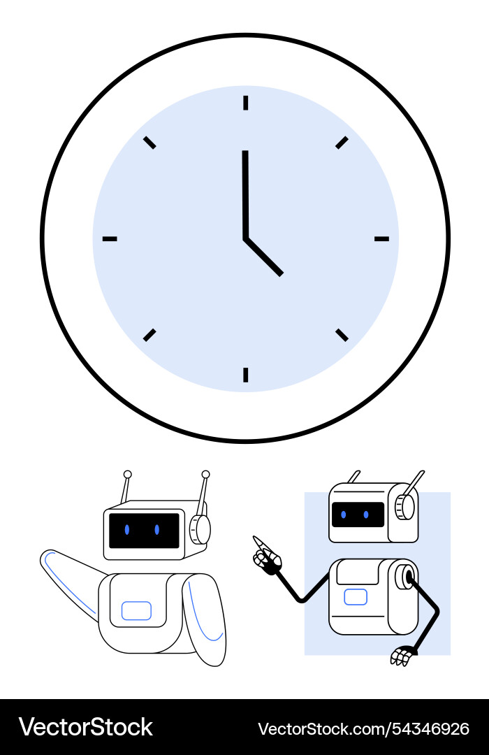 Robot assistants with clock representing time Vector Image