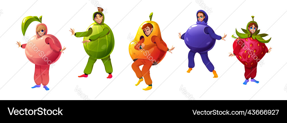Characters in funny party costumes of fruits Characters in funny party costumes of fruits vector image