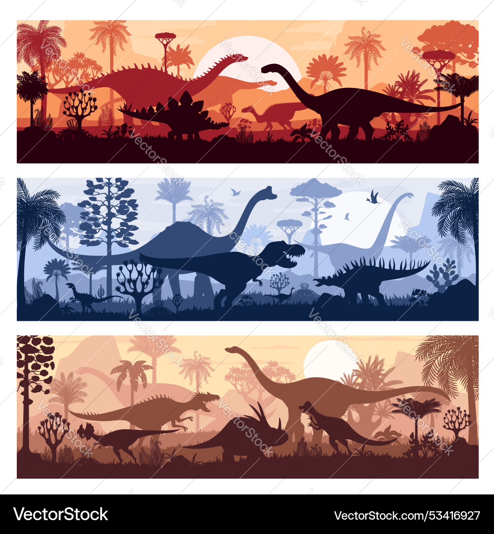 Prehistoric era landscape with dino silhouettes Prehistoric era landscape with dino silhouettes vector image