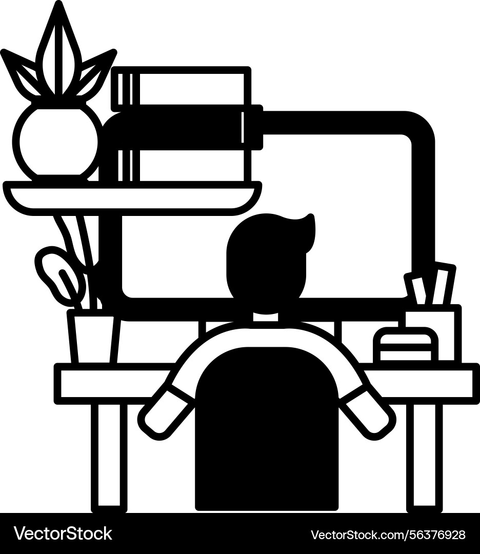 Man is sitting at a desk with computer monitor Man is sitting at a desk with computer monitor vector image
