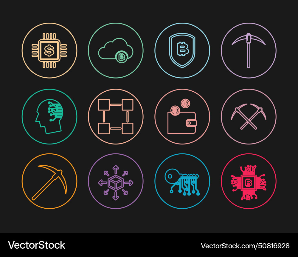 Set line cpu mining farm crossed pickaxe shield Set line cpu mining farm crossed pickaxe shield vector image