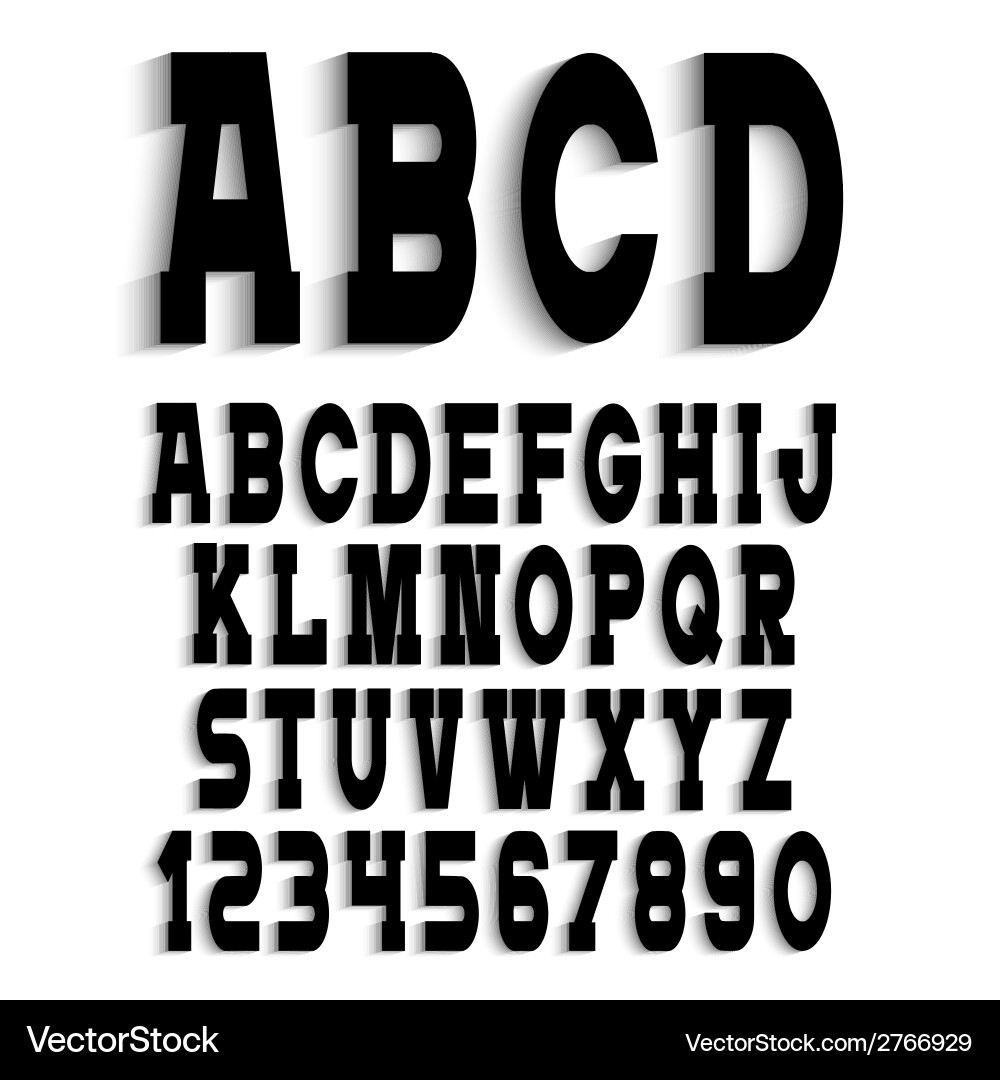 Black alphabet letters with shadow and numbers vector image