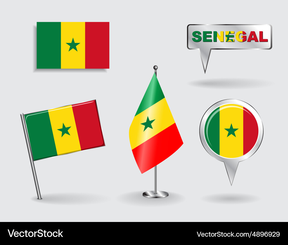 Set von Senegalese Pin-Symbol und Kartenzeiger-Flags Vektorbild