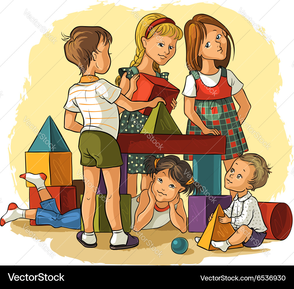 Children Building with Blocks vector image