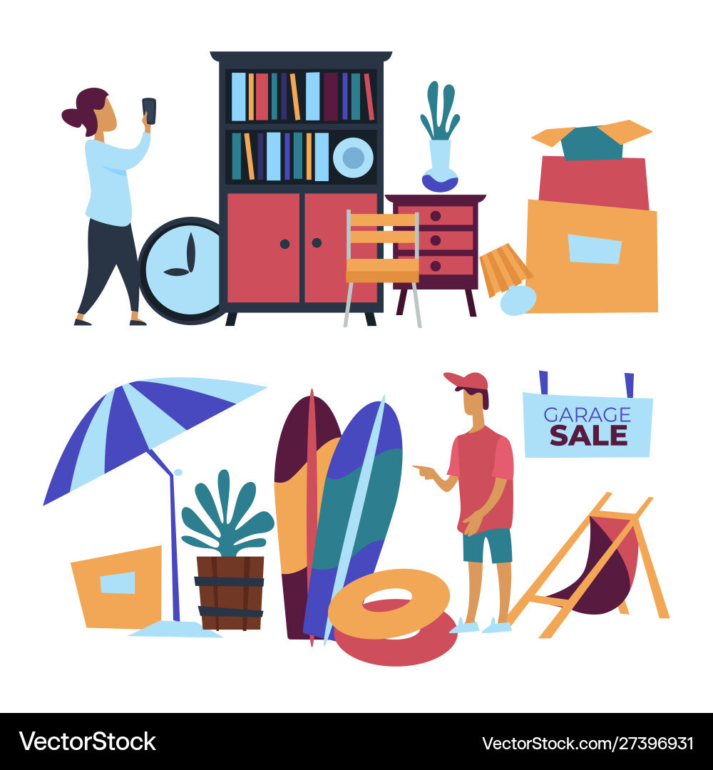 Garage sale with used household items Garage sale with used household items vector image