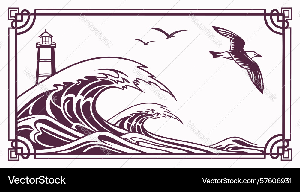 Lighthouse and crashing waves with birds design Vector Image