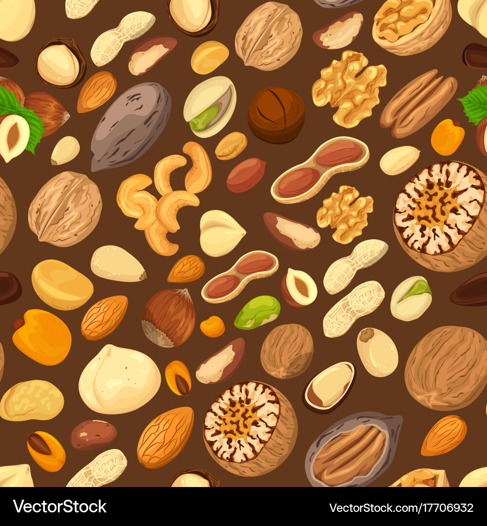 Nuts in shells and kernel seeds seamless pattern vector image