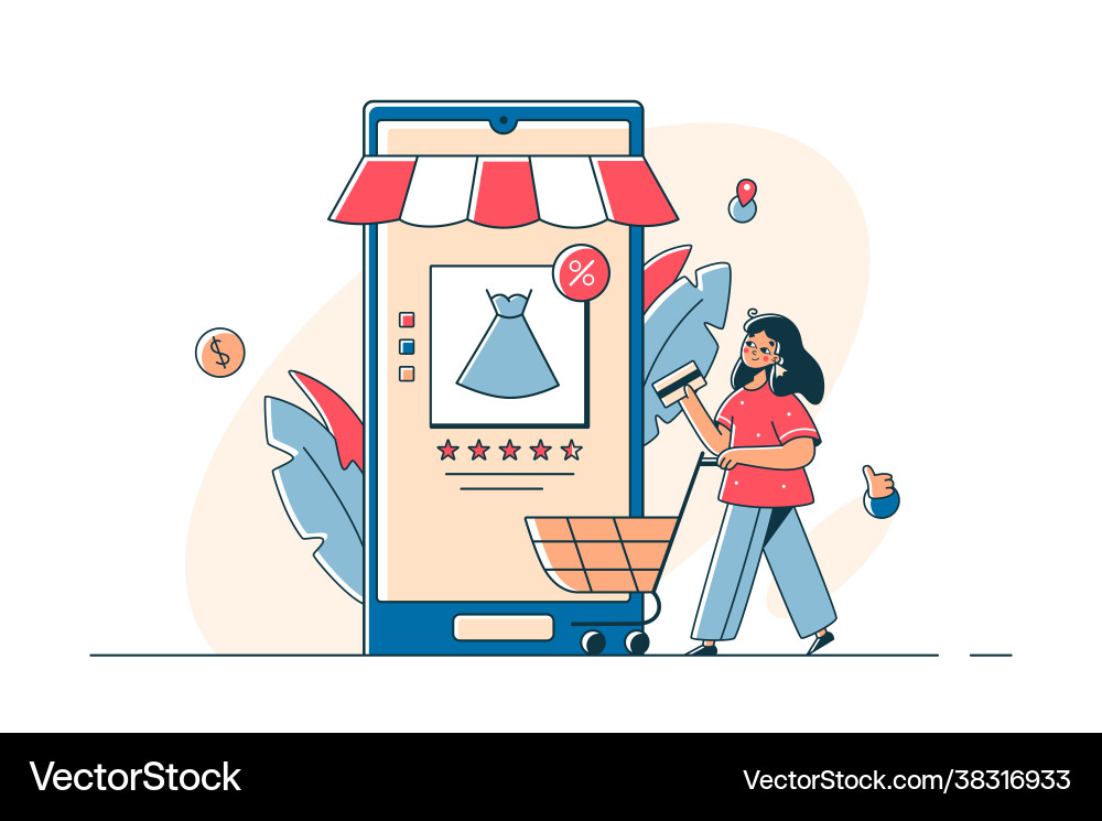 Woman shopping online on smartphone app Woman shopping online on smartphone app vector image