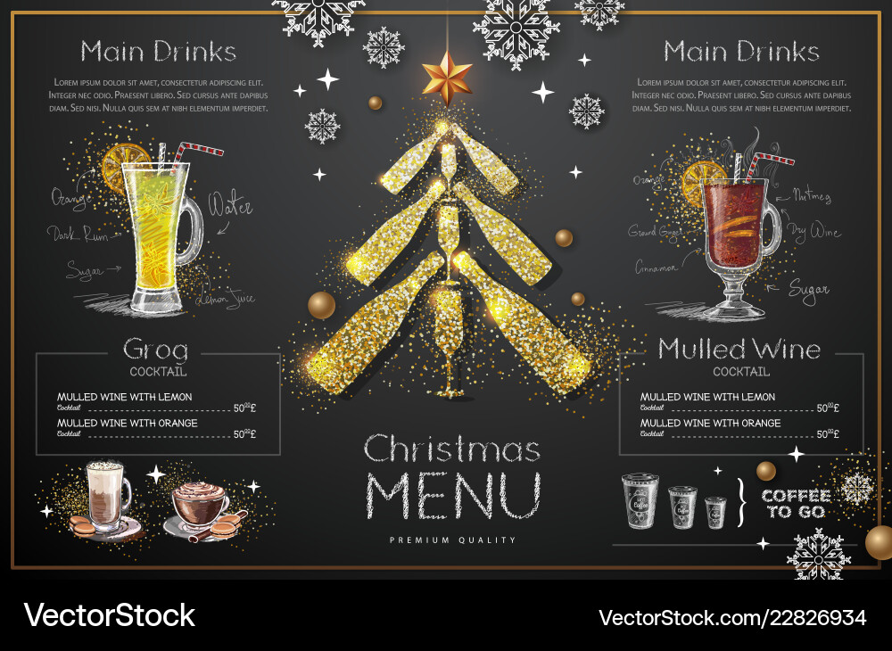 Christmas menu design with golden champagne vector image