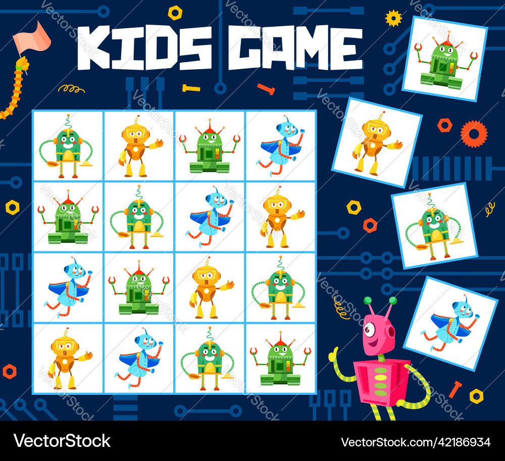 Sudoku game worksheet with funny robots Sudoku game worksheet with funny robots vector image