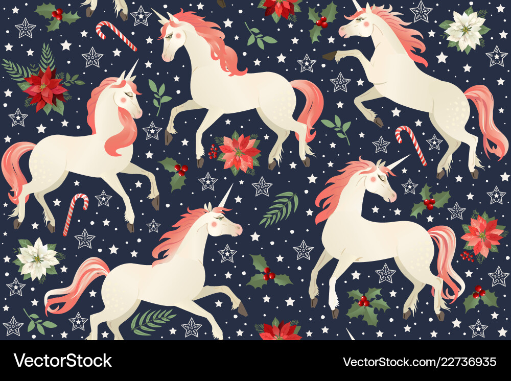 Christmas Unicorn Floral Seamless Pattern vector image