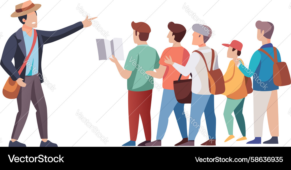 Tour Guide Explaining Map to Group Vector Image