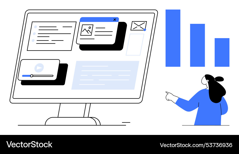 Digital workspace with computer monitor and graphs Digital workspace with computer monitor and graphs vector image