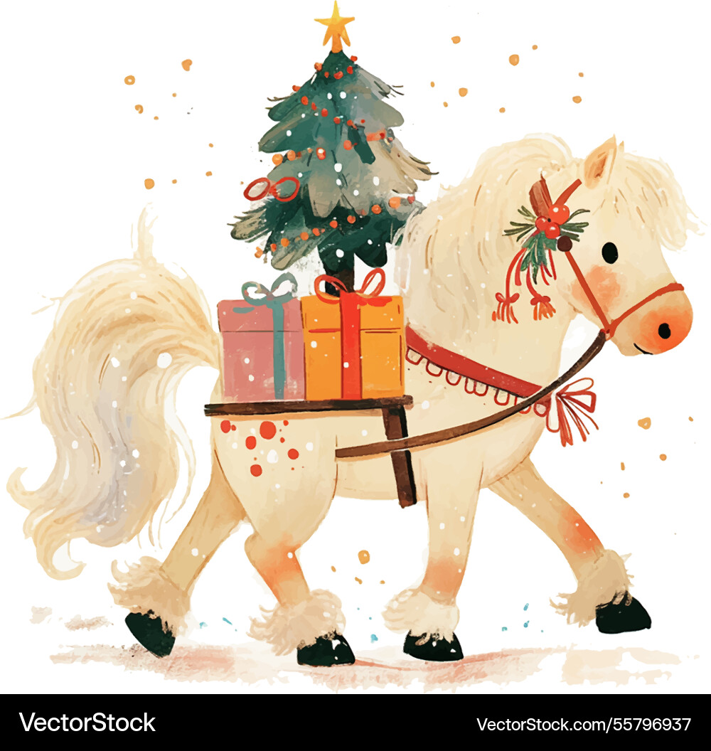 A white horse is pulling cart with christmas A white horse is pulling cart with christmas vector image