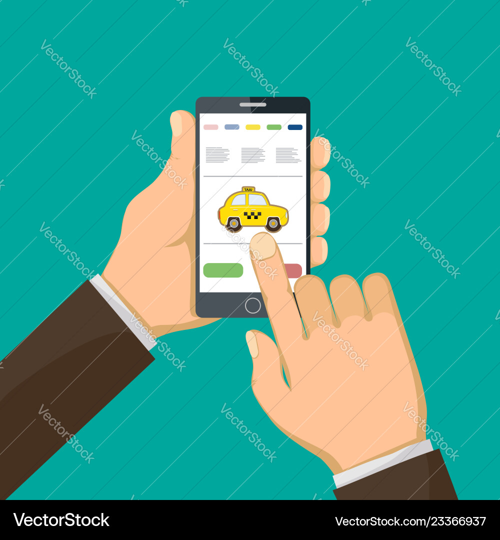 Man is holding a smart phone and call taxi Man is holding a smart phone and call taxi vector image