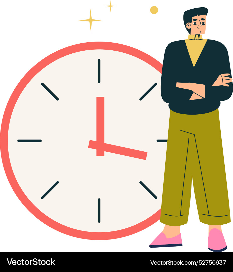 Multitasking man character stand at clock dial Multitasking man character stand at clock dial Vector Image