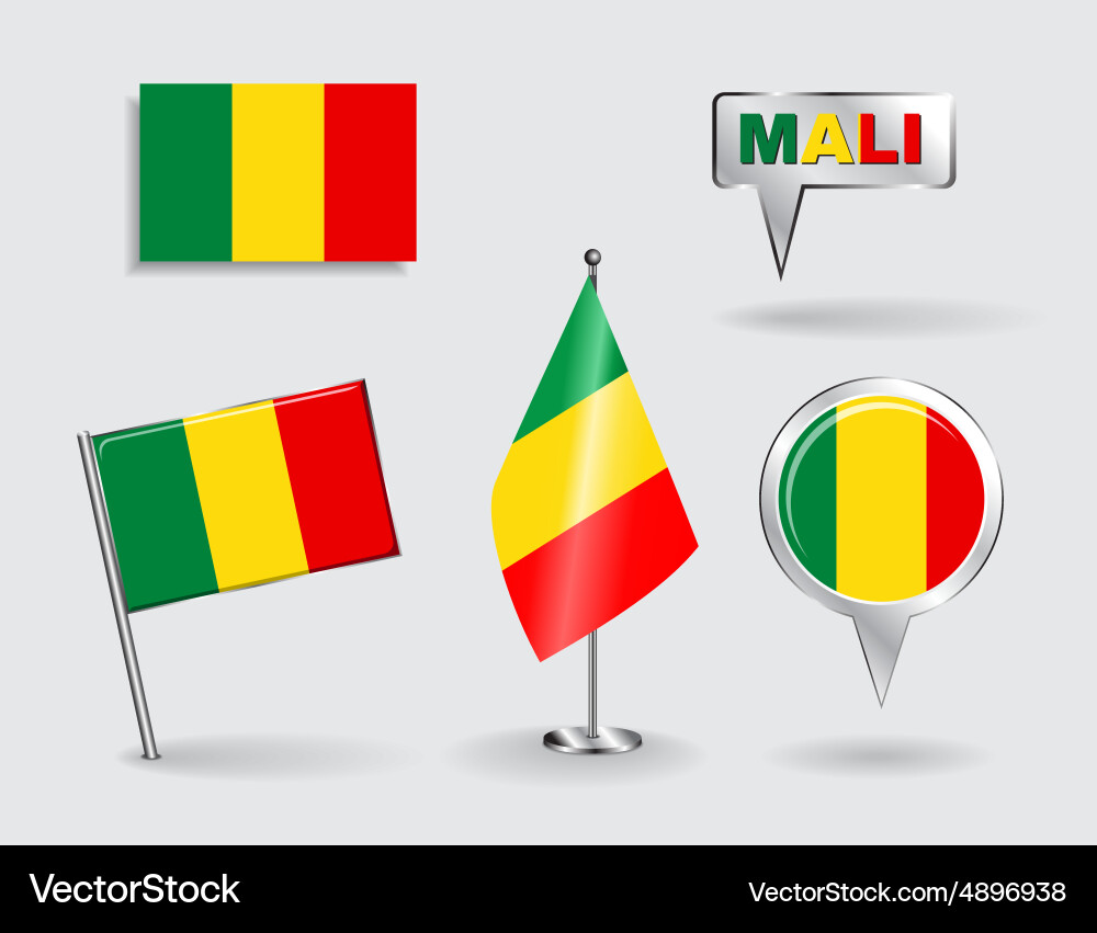 Set of malian pin icon and map pointer flags vector image