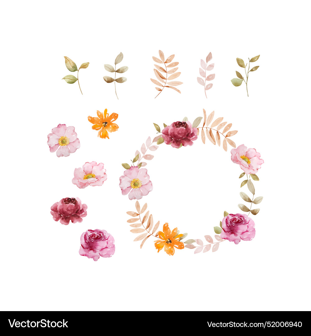 Autumn wreath with watercolor flowers fall leaves Autumn wreath with watercolor flowers fall leaves vector image
