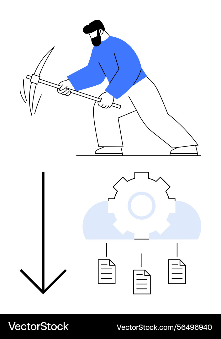 Man mining with pickaxe and data process flow Man mining with pickaxe and data process flow Vector Image