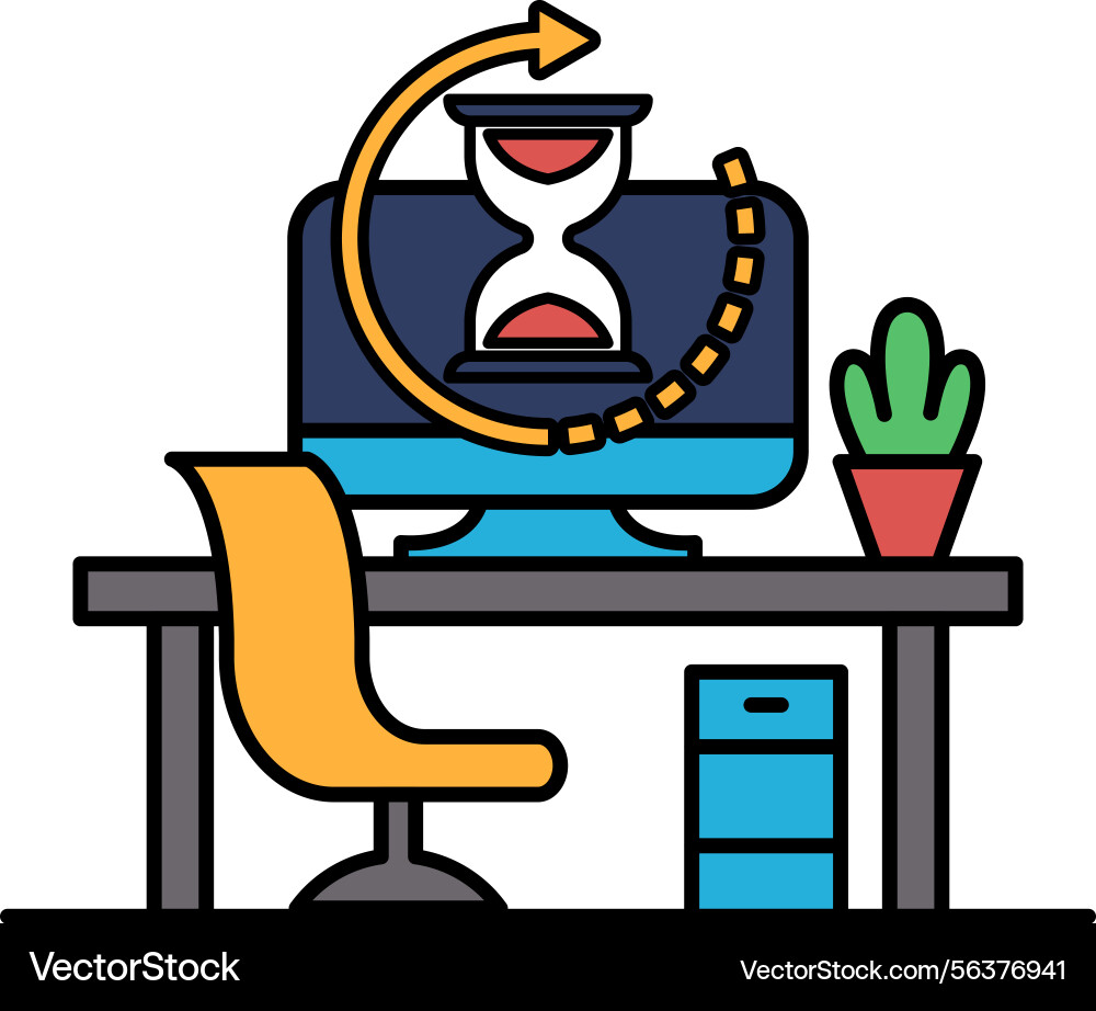 A computer monitor with clock on it and plant A computer monitor with clock on it and plant vector image