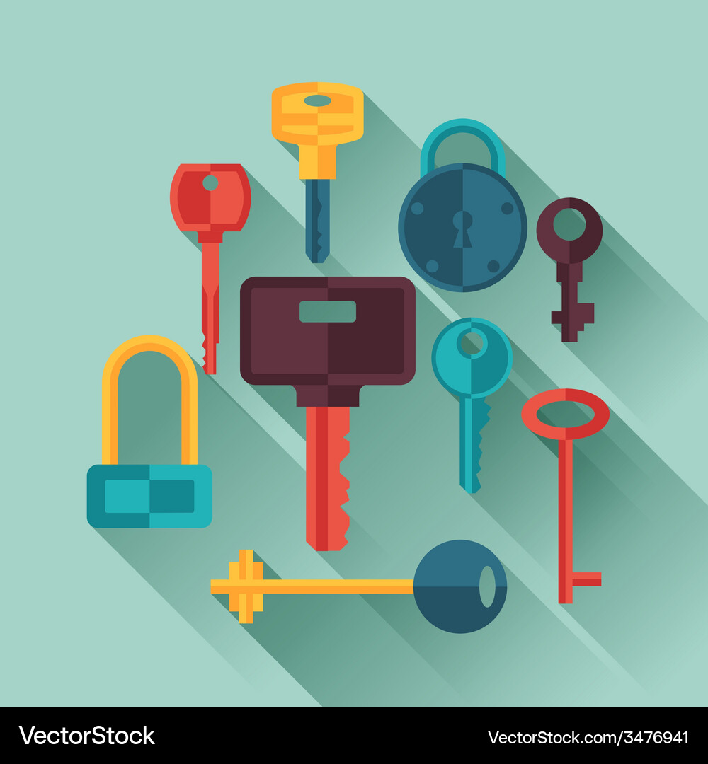 Locks and keys icons set in flat style Vector Image