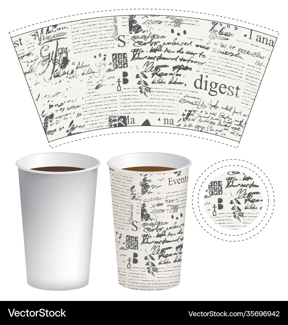 Hot drink paper cup template with abstract text vector image