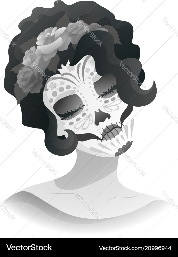 Frau mit Zucker Schädel Make-up und Kranz von Rosen Frau mit Zucker Schädel Make-up und Kranz von Rosen Vektorbild