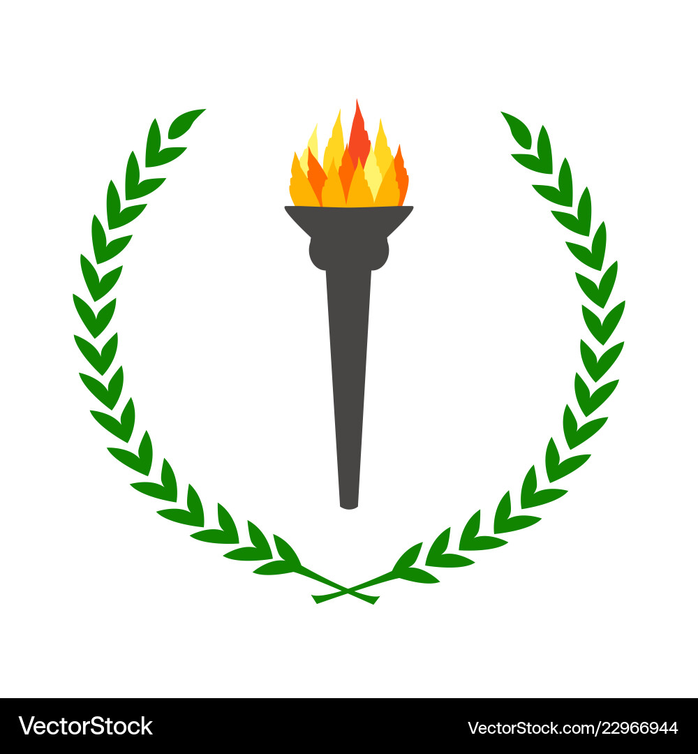 Olympic flame burning torch with laurel wreath Olympic flame burning torch with laurel wreath Vector Image