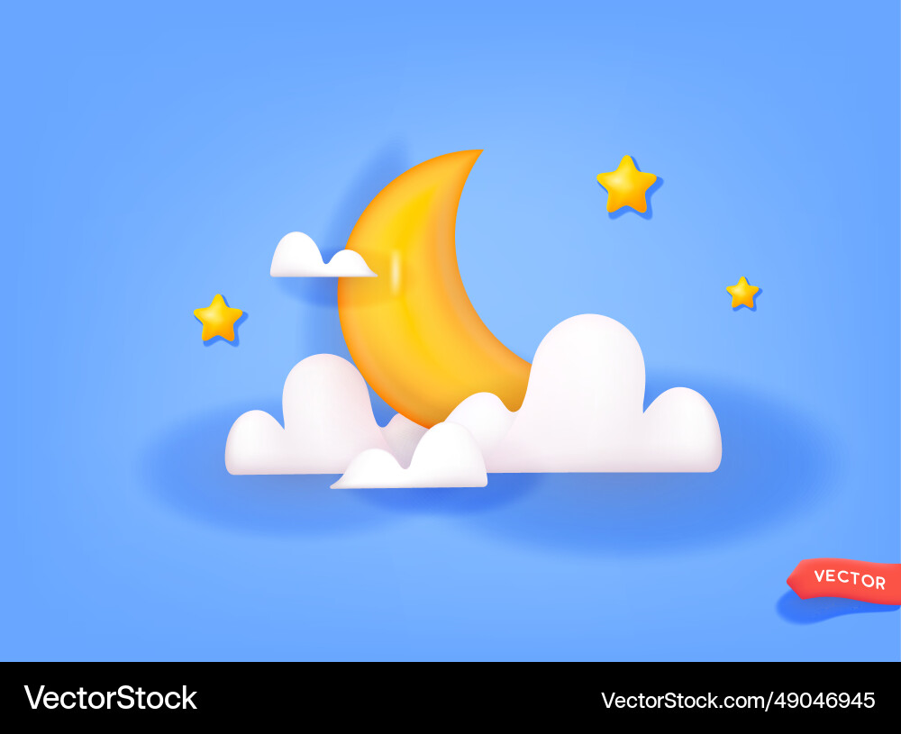 Crescent moon golden stars and white clouds 3d Crescent moon golden stars and white clouds 3d vector image