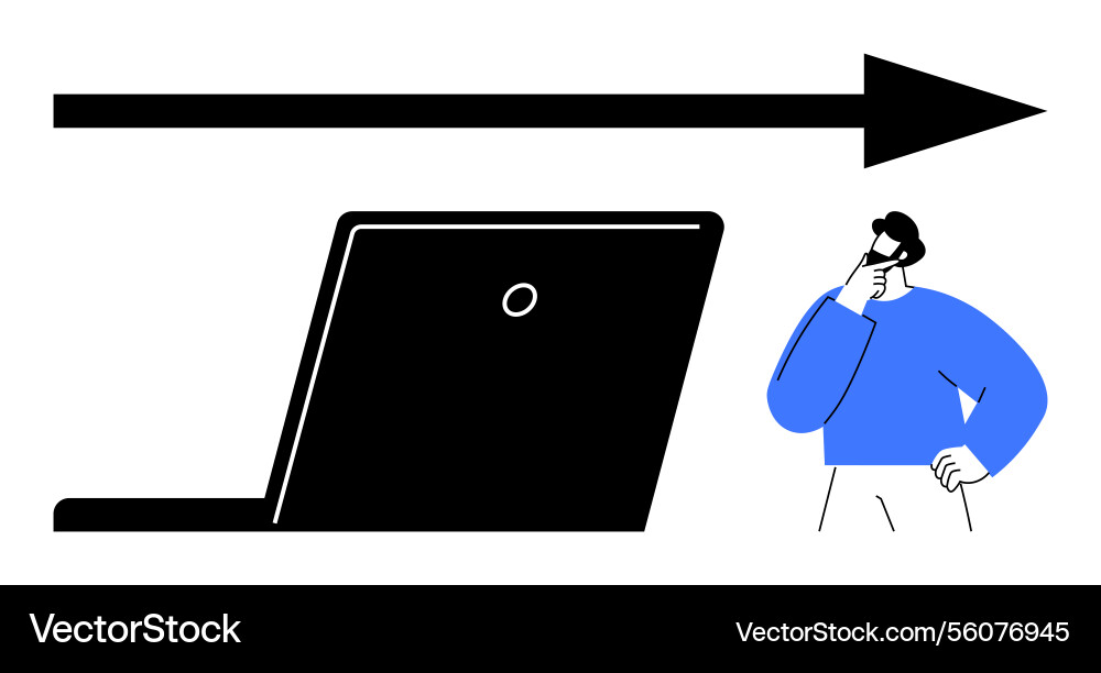 Man contemplating laptop with forward arrow Man contemplating laptop with forward arrow vector image