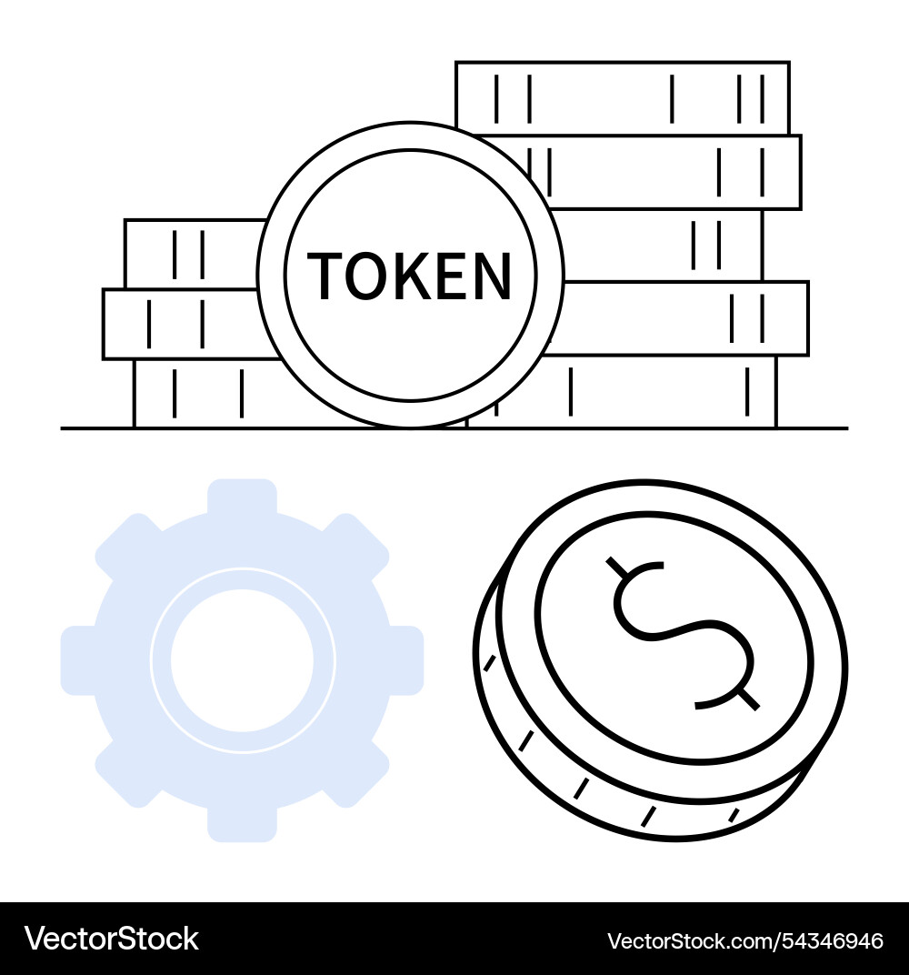 Digital tokens and blockchain gears representing vector image