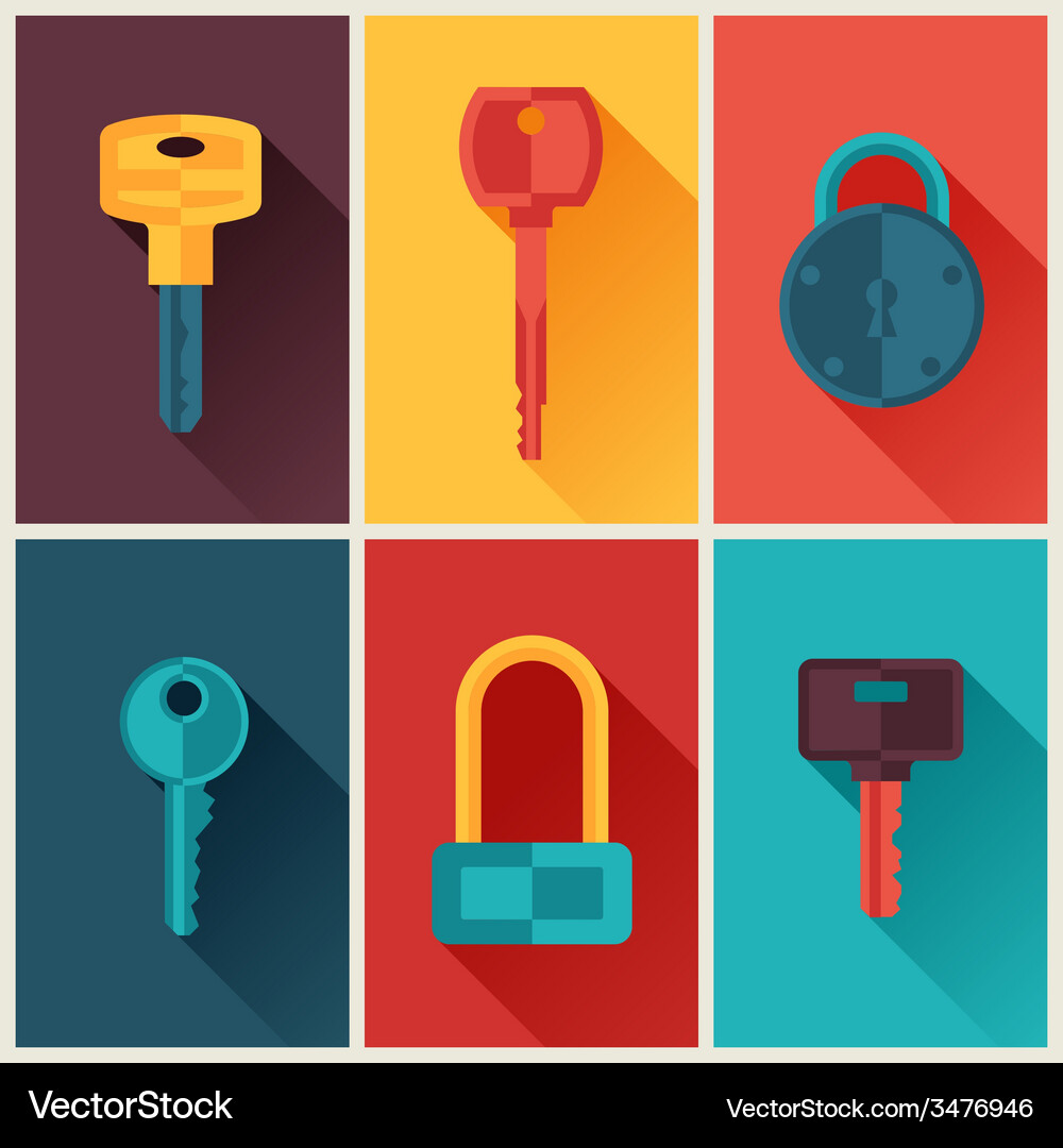 Locks and keys icons set in flat style Vector Image