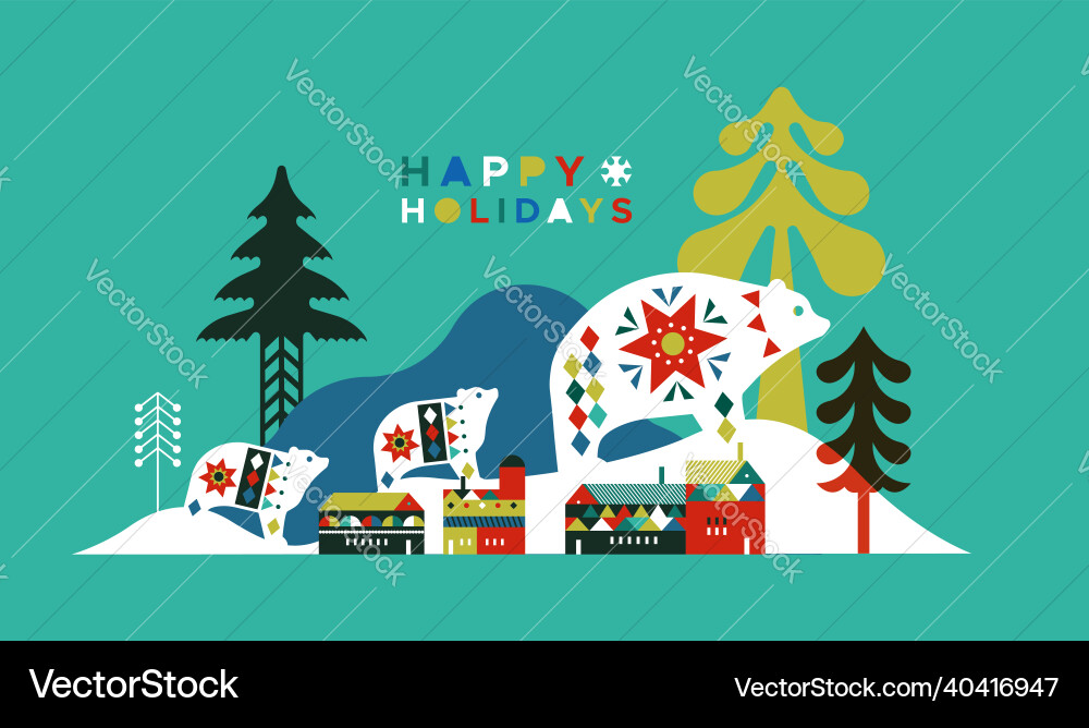Happy holiday winter folk city polar bear card Happy holiday winter folk city polar bear card vector image